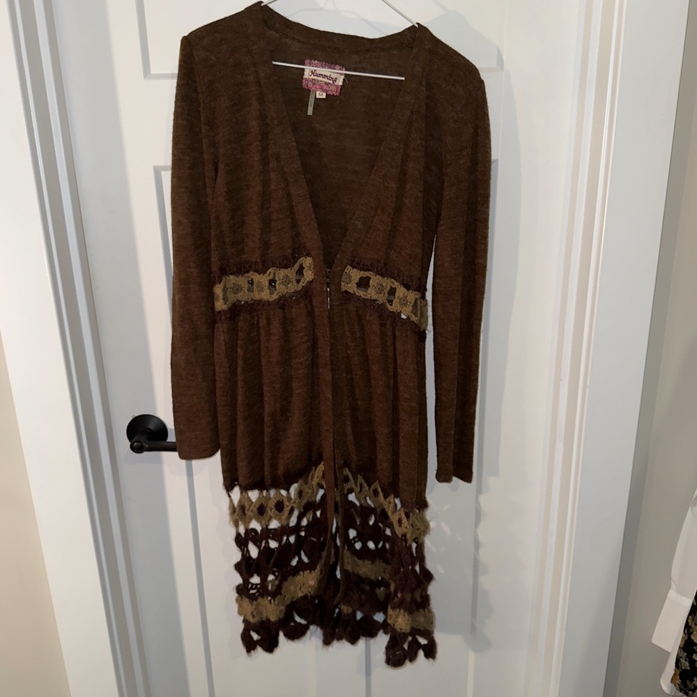 Humming VINTAGE Brown Knit Crochet Style Brown Cardigan